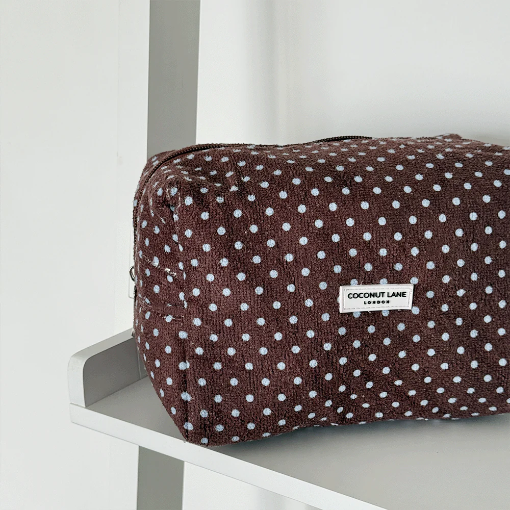 Towel Makeup Bag - Brown & Blue Polka Dot - Image 3