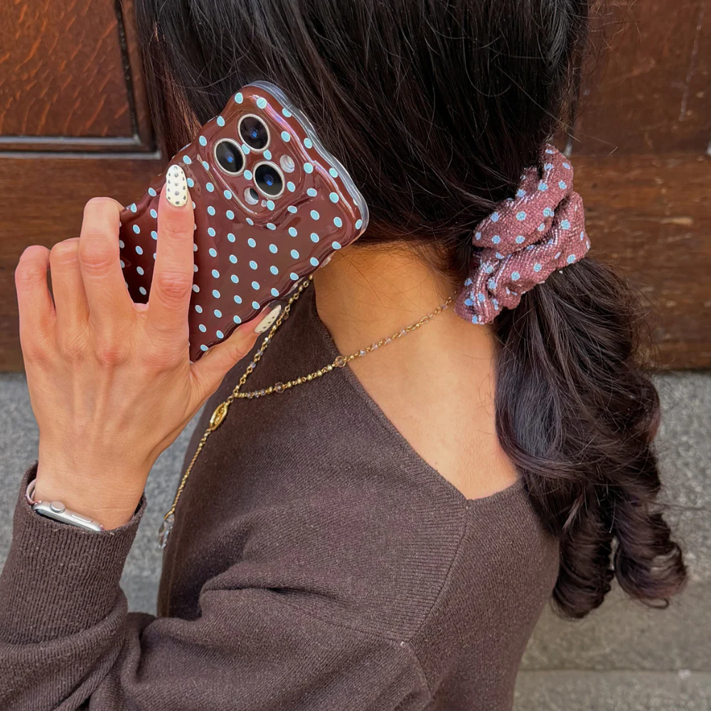 TOWEL Scrunchie - Brown & Blue Polka Dot - Image 3